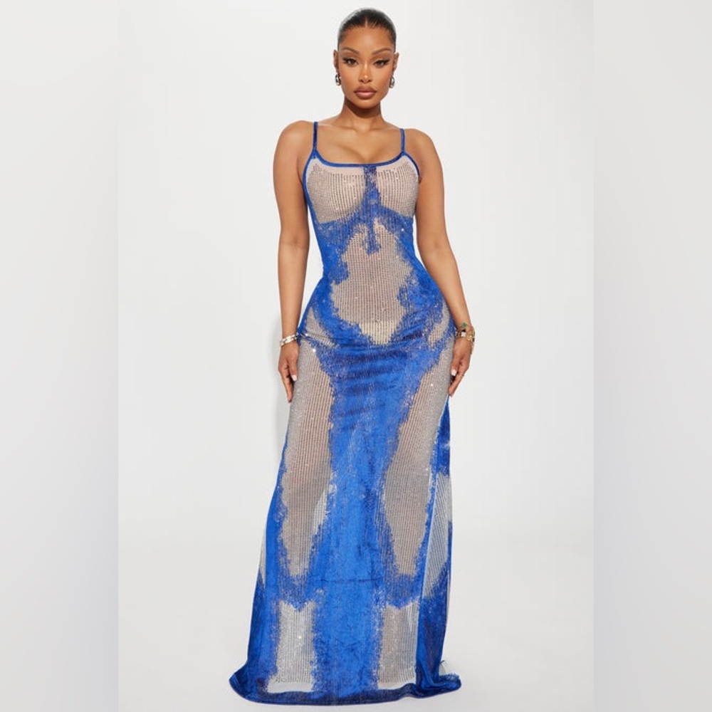 Fashion Nova Blue and White Mesh Maxi Dress